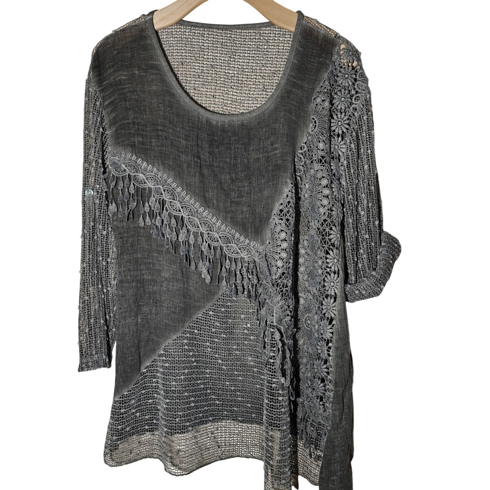Artisan Patchwork Lace Fringe Tunic Top‎ Grey Sheer Mesh S/M